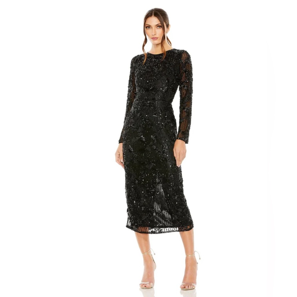 NWT Mac Duggal 5988 Long Sleeve Formal Midi dress Black Floral Sequin MSRP 498$